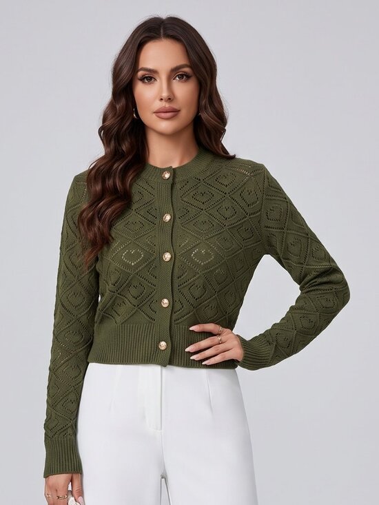 Sweaters - Women's Olive Green Hollow Out Knit Cardigan Round Neck Gold Button Crop Top